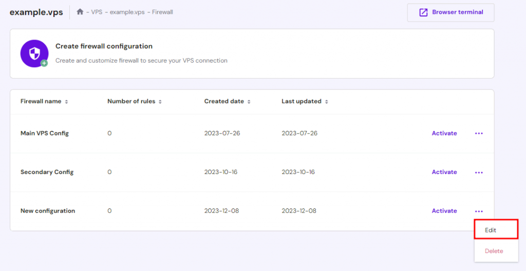 Hostinger VPS firewall settings highlighting the Edit option
