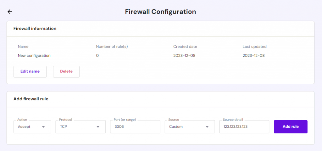 Setting up a new firewall rule in hPanel