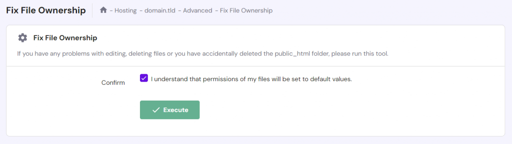 Resetting file permissions in hPanel