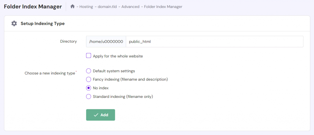 Folder index manager page in hPanel