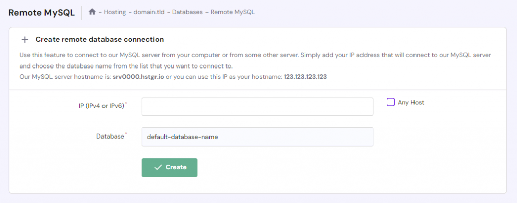 The form to create a new MySQL database connection on hPanel
