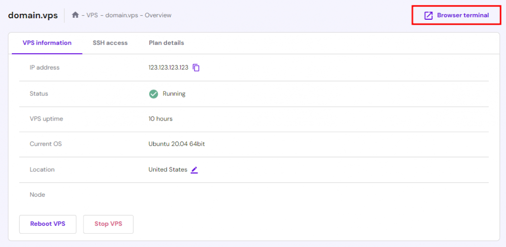 Hostinger VPS hosting dashboard highlighting access to Browser terminal