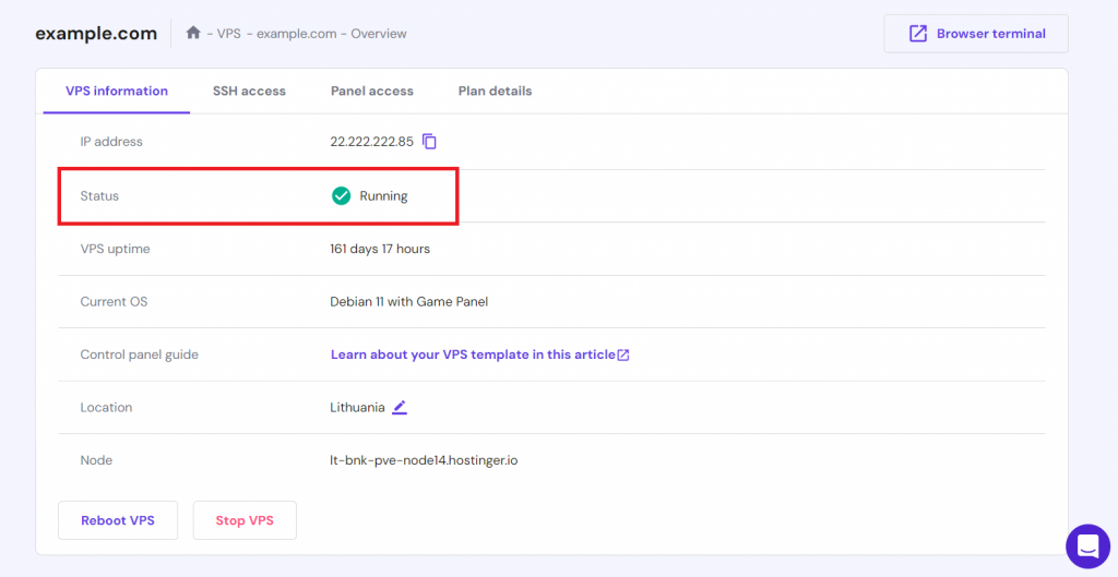 Ensuring the VPS status is running in the VPS dashboard of hPanel