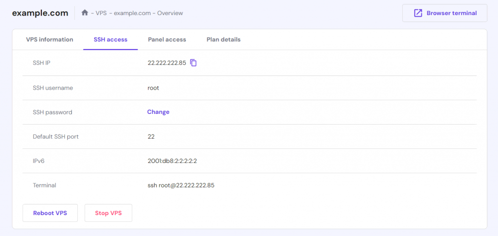 Finding SSH credentials in the SSH access tab of hPanel's VPS dashboard