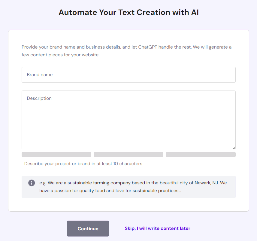 A form to enter brand name and description, allowing WordPress AI tools to populate the new website with relevant content