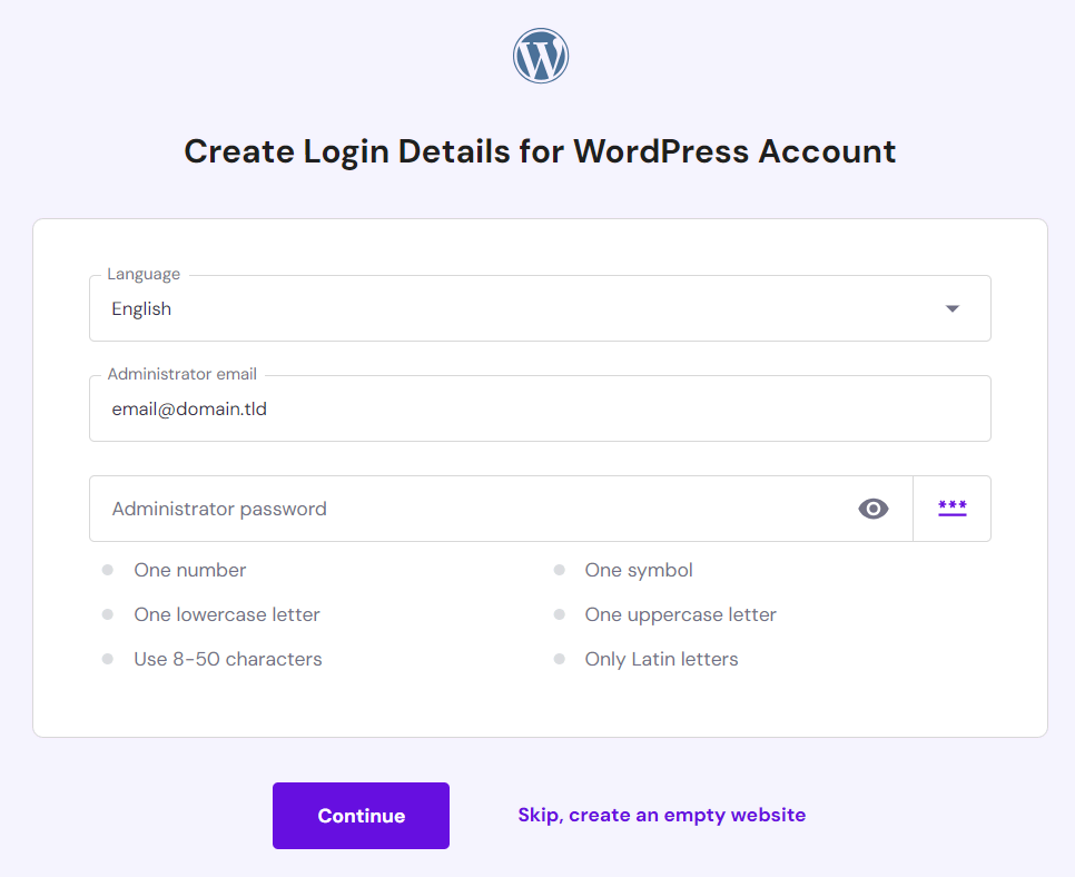 A form to set up login details for the new WordPress account