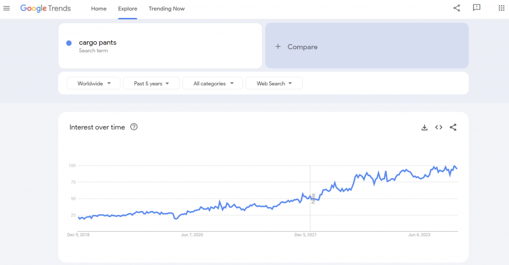 The global Google Trends data of the search term "cargo pants" for the past years.