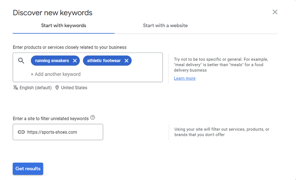 The Discover new keywords section in Google Keyword Planner
