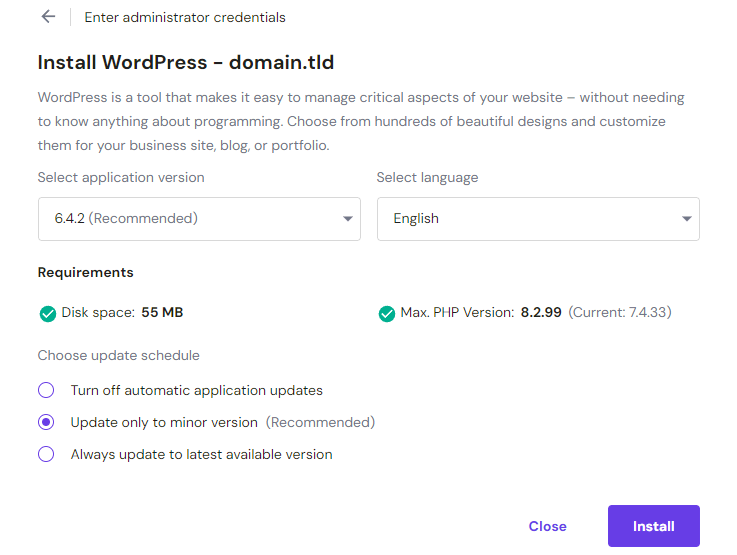 Setting up WordPress application version and language before installing