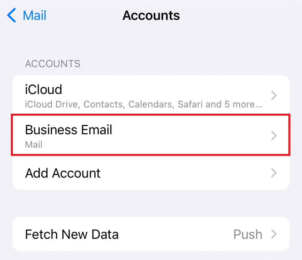 A list of synced accounts on iPhone highlighting the newly created email account