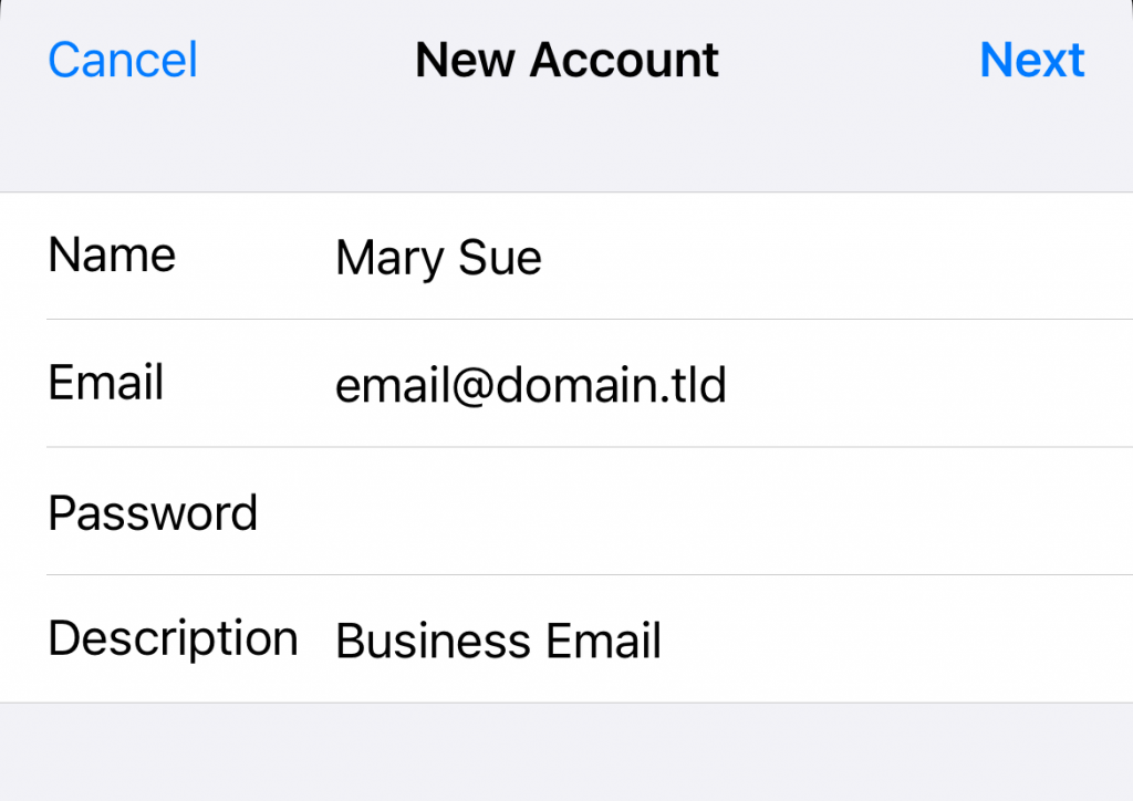 Adding email credentials to create a new Mail account on iPhone