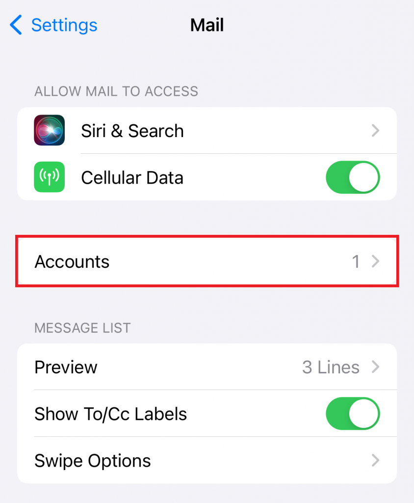 iPhone's Mail interface highlighting the Accounts menu