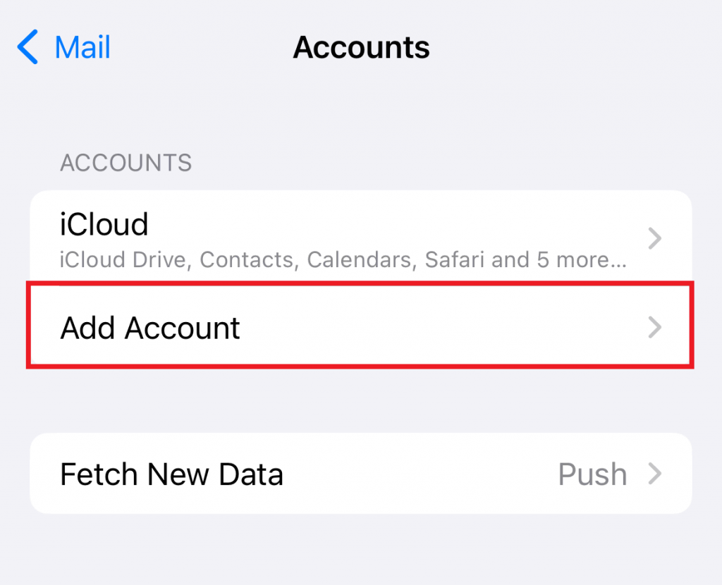 iPhone's Mail Accounts interface highlighting the Add Account option