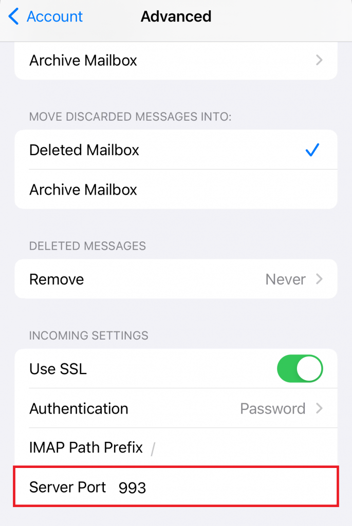 The Advanced menu in Mail setting page highlighting the server port