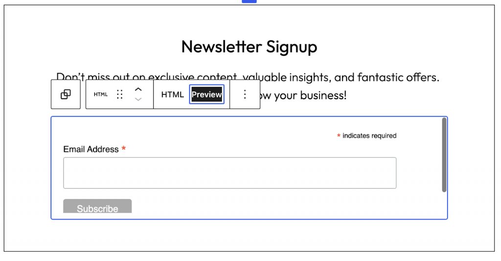 Preview of a custom-coded email newsletter signup form
