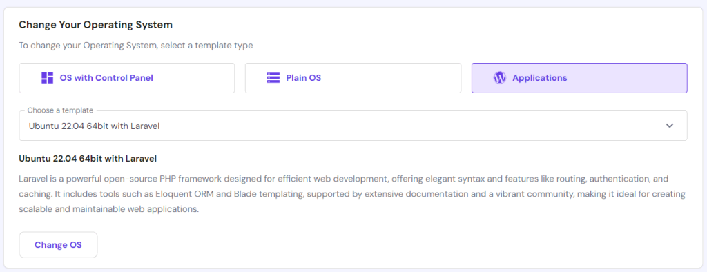 Operating system template selection menu in hPanel