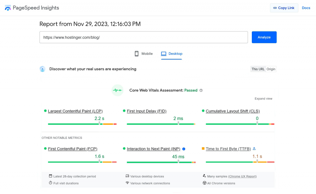 The PageSpeed Insights report for hostinger.com/blog 