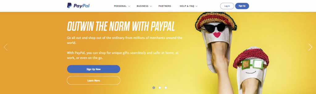 The homepage of PayPal payment gateway