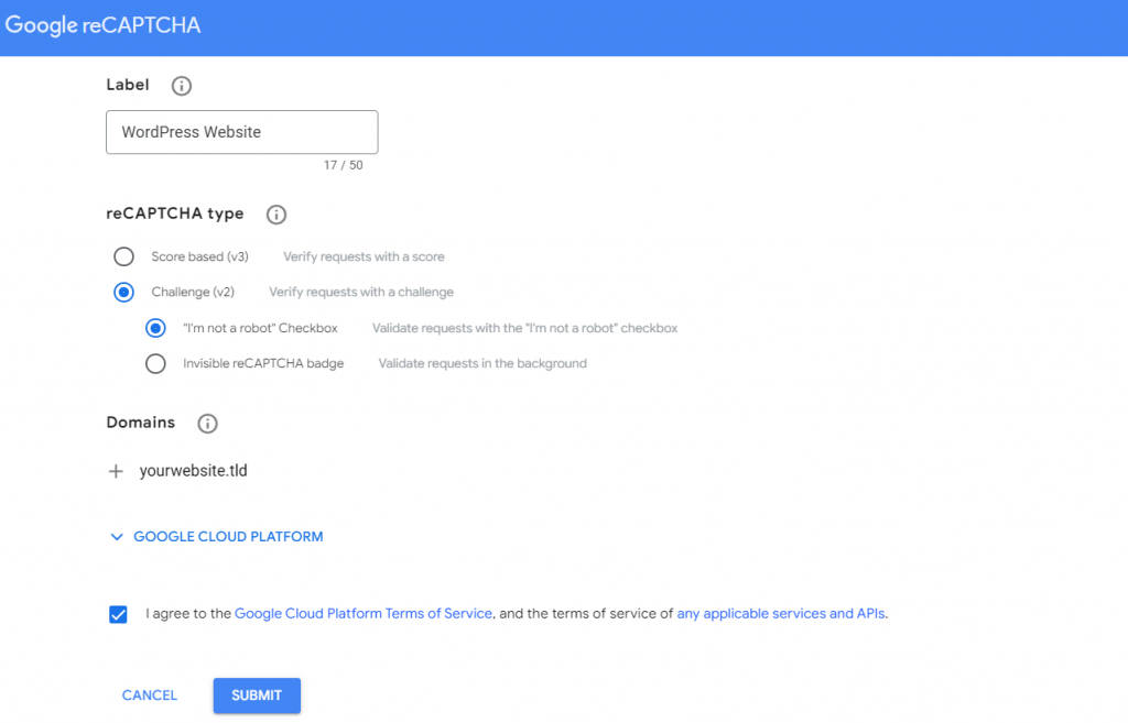 reCAPTCHA API key generation page