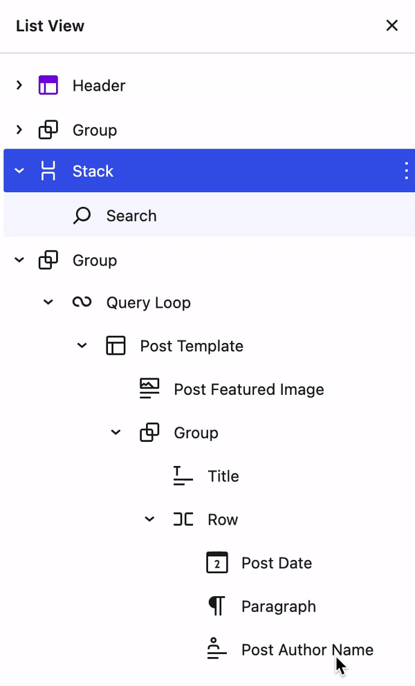 Dragging and dropping blocks in the List View panel