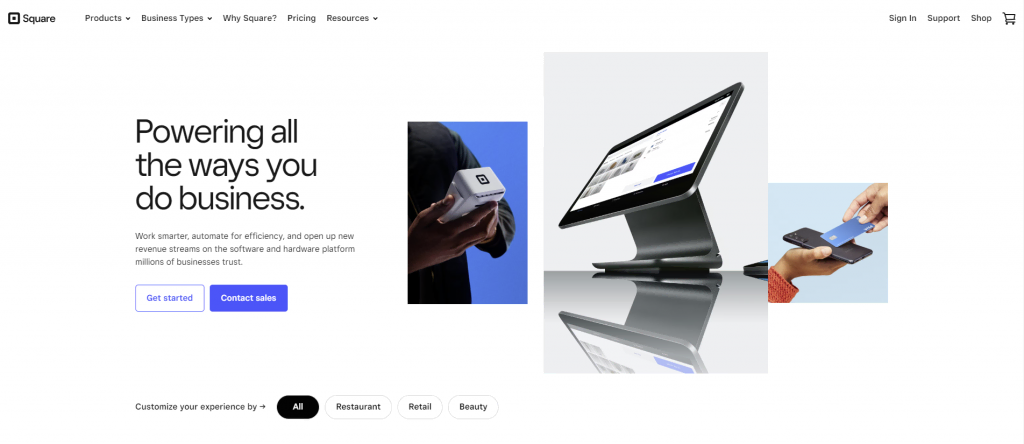 The homepage of Square payment gateway