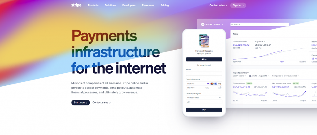The homepage of Stripe payment gateway