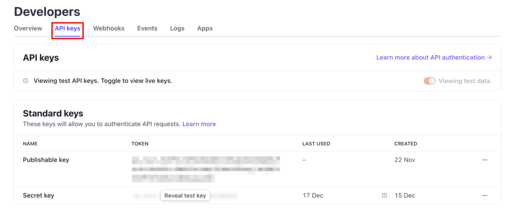 API Keys tab in Stripe Developers section