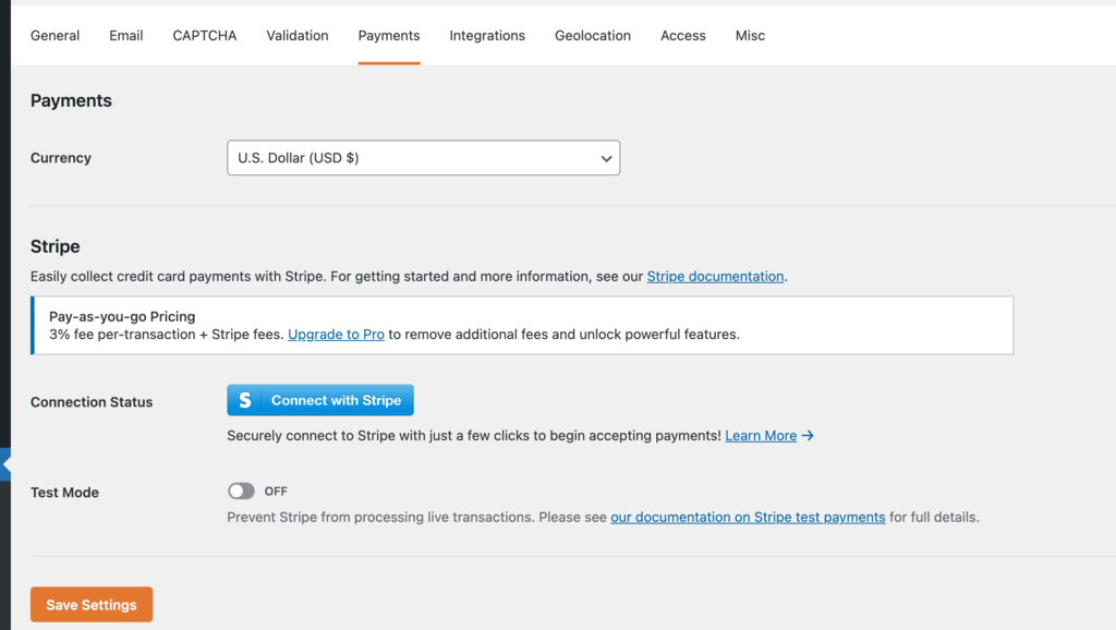 Stripe section inside WPFoms Payments settings