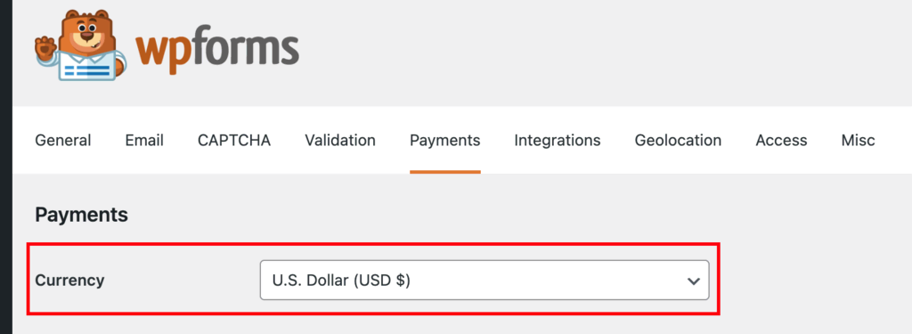 Default currency option inside WPForms' Payments settings