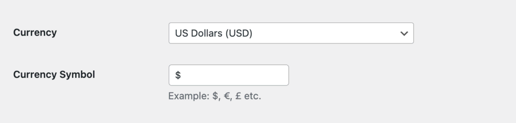 currency options in the General Settings tab