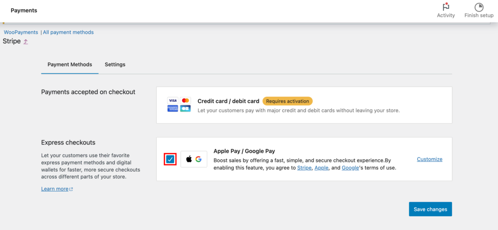 Express Checkouts option in the Payment Settings