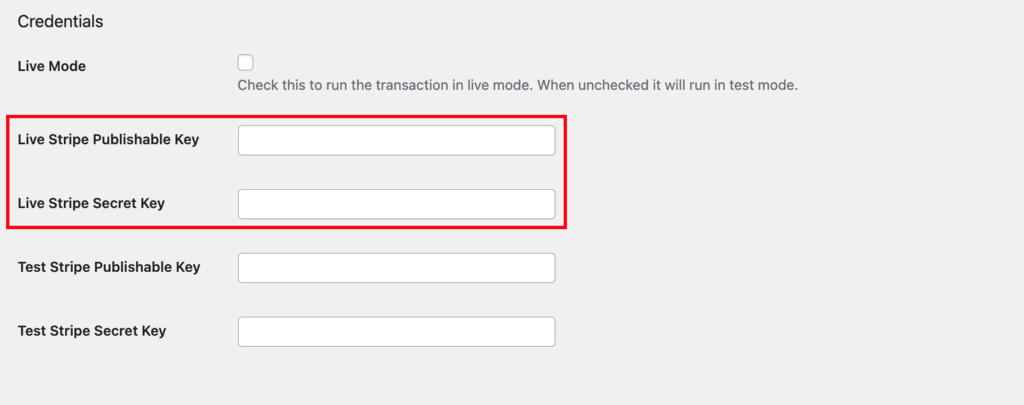 Stripe Publishable and Secret Key fields