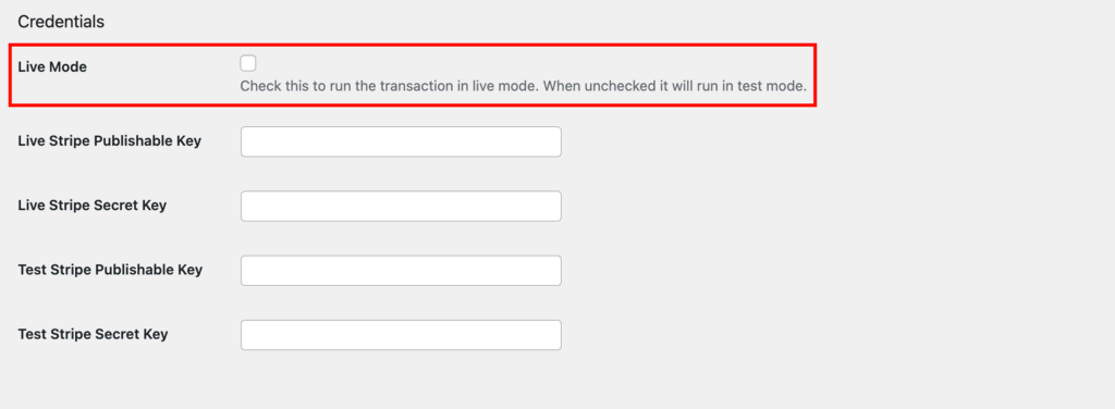 Credentials section with the Live Mode option highlighted