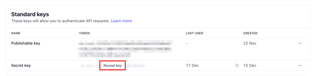 Reveal key button in the dashboard