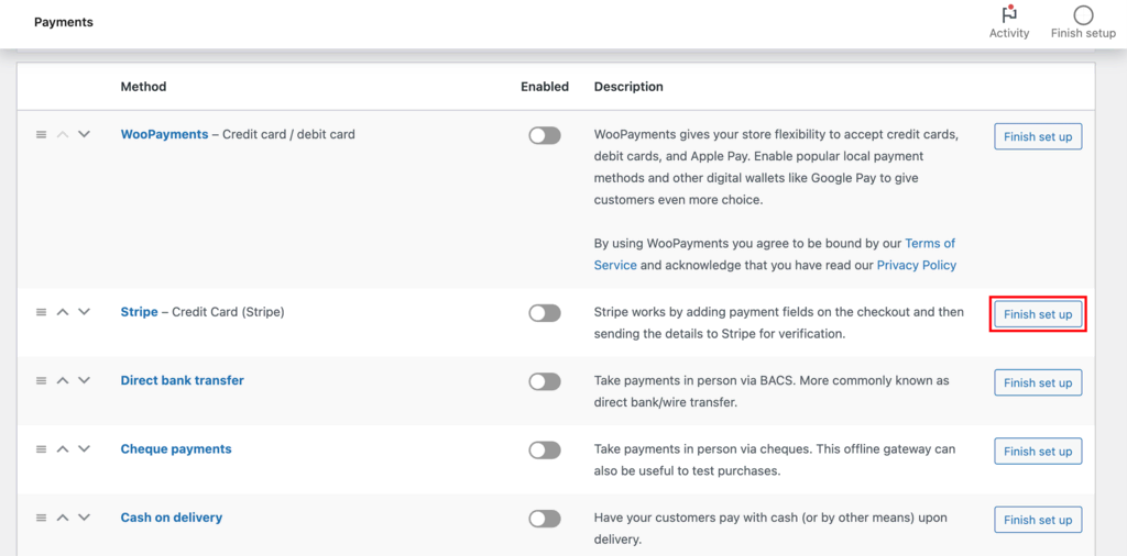 WooCommerce plugin's Payments settings