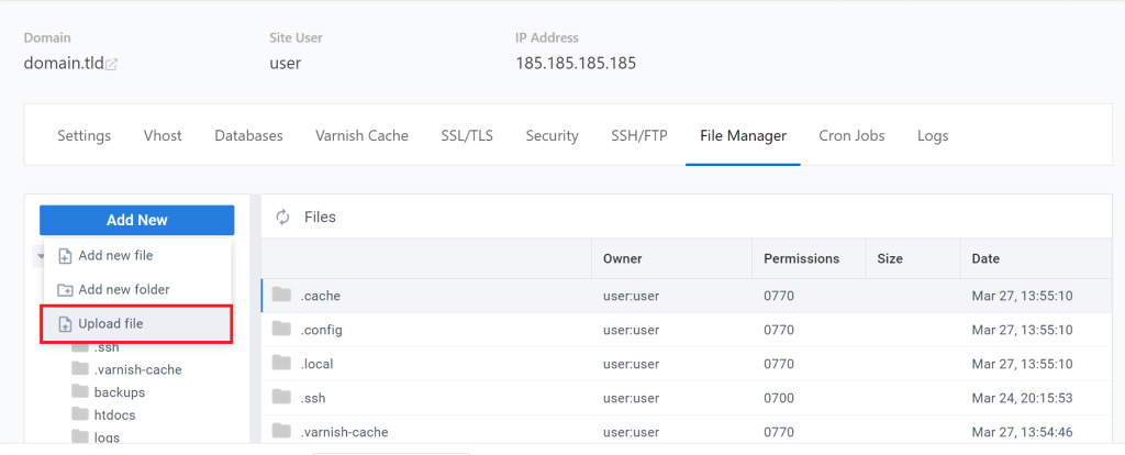 The Upload file button on CloudPanel File Manager