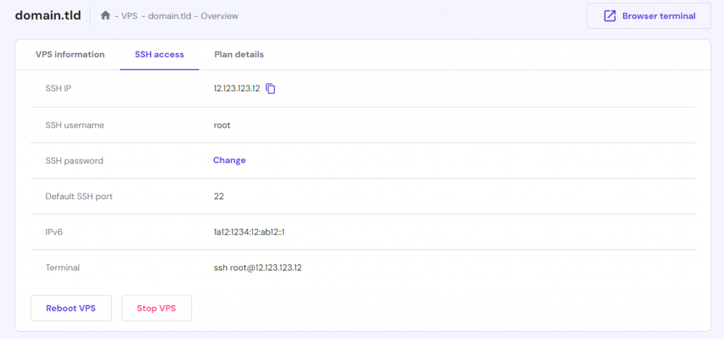 VPS SSH login credentials in hPanel