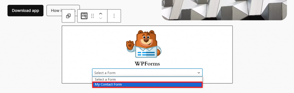 Selecting a contact form in a WordPress page