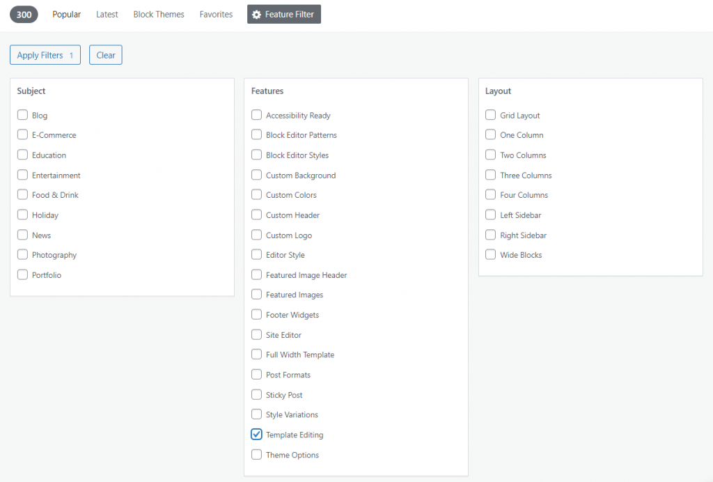 Selecting Template Editing in the Feature Filter option of Add Themes page
