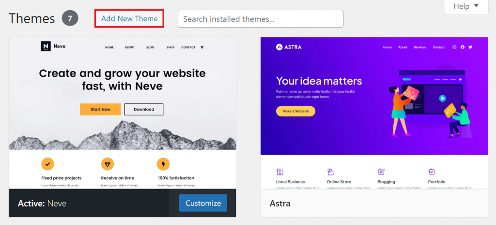 Adding a new theme in the Themes page of WordPress dashboard