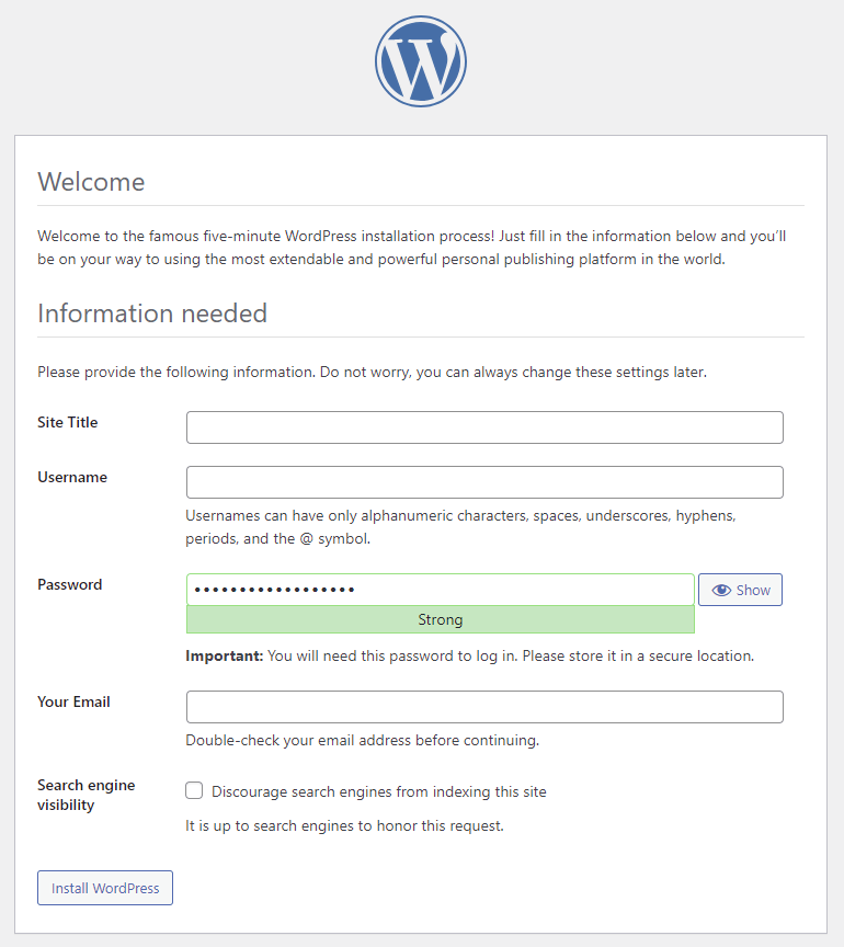 WordPress installation form, requiring login details such as username, password, and email address
