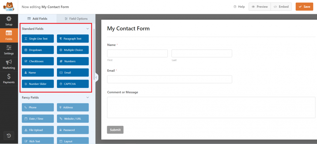 Adding new fields to a contact form in the WPForms builder