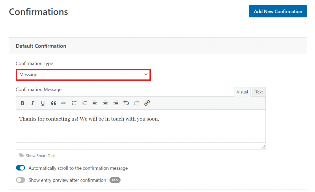 Configuring a confirmation message for a contact form in the WPForms builder