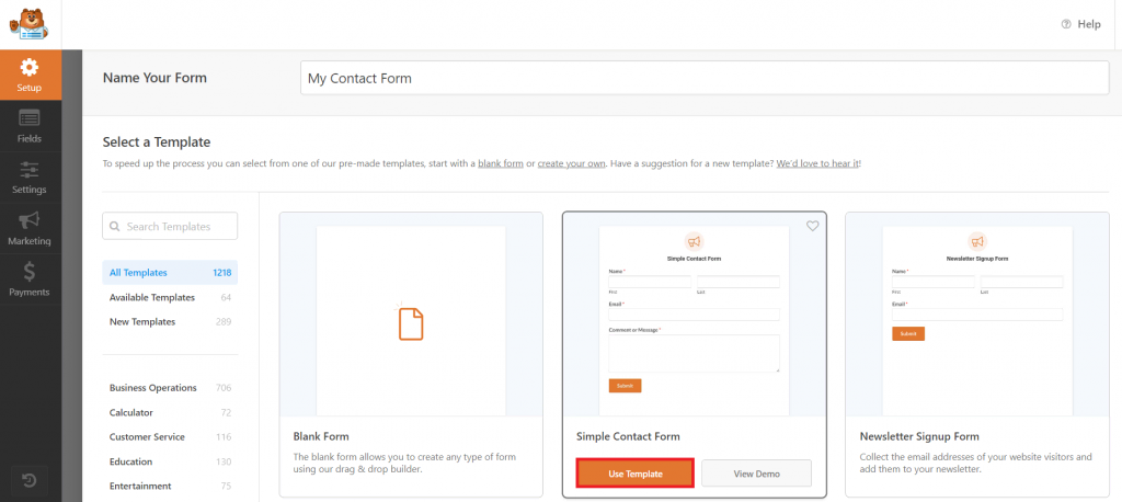 WPForms dashboard displaying contact form templates