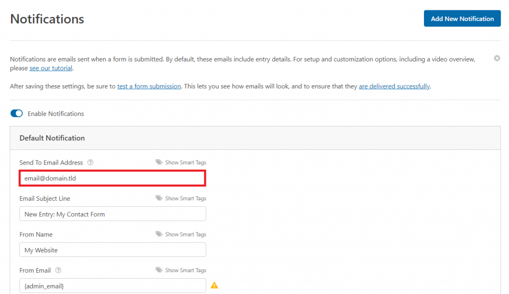 configuring email notifications for a contact form in the WPForms builder
