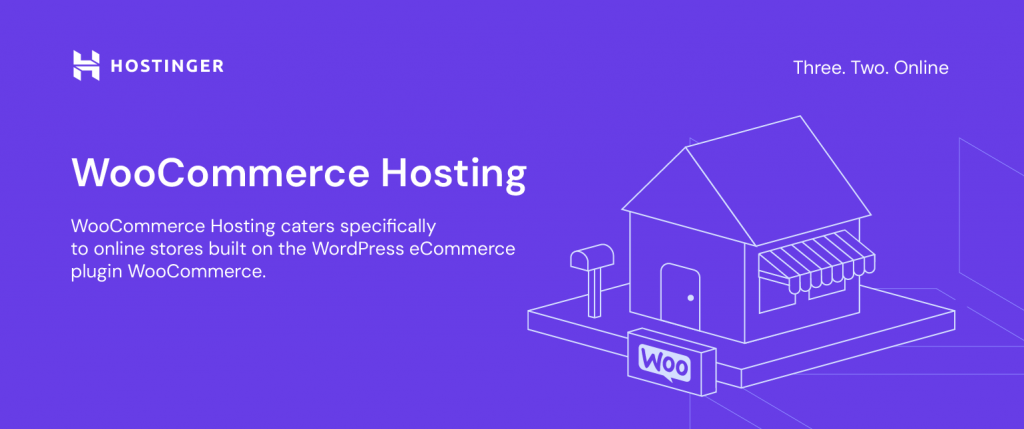 Hostinger's custom visual for woocommerce hosting that explains that it caters specifically for online stores built on the WordPress ecommerce plugin woocommerce.