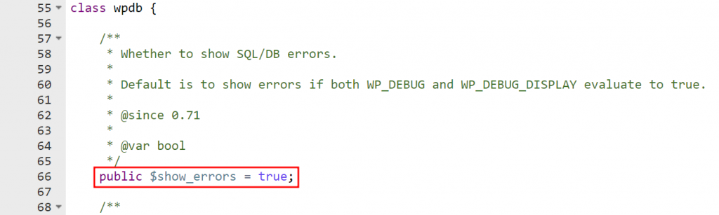 class-wpdb.php file, highlighting the $show_errors variable set to TRUE