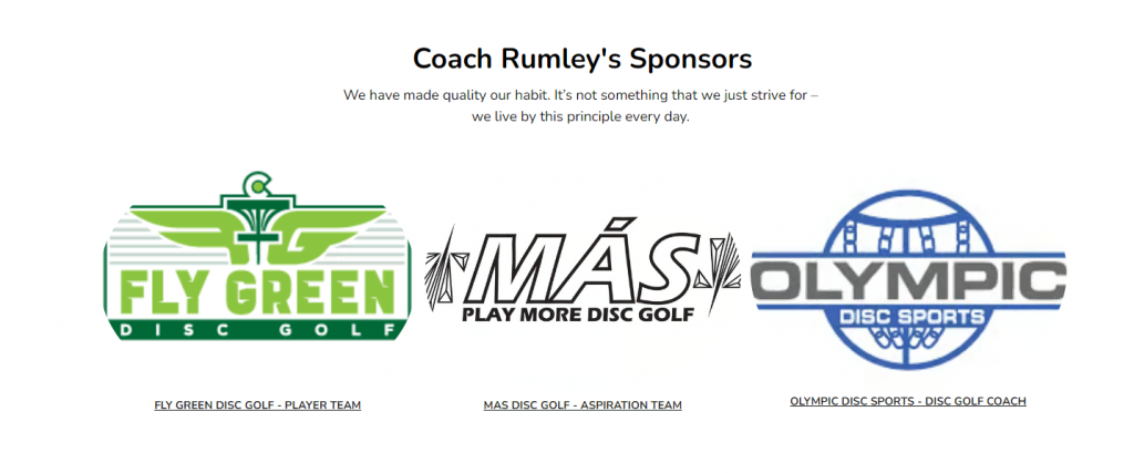 Disc Golf Coach Rumley sponsors section