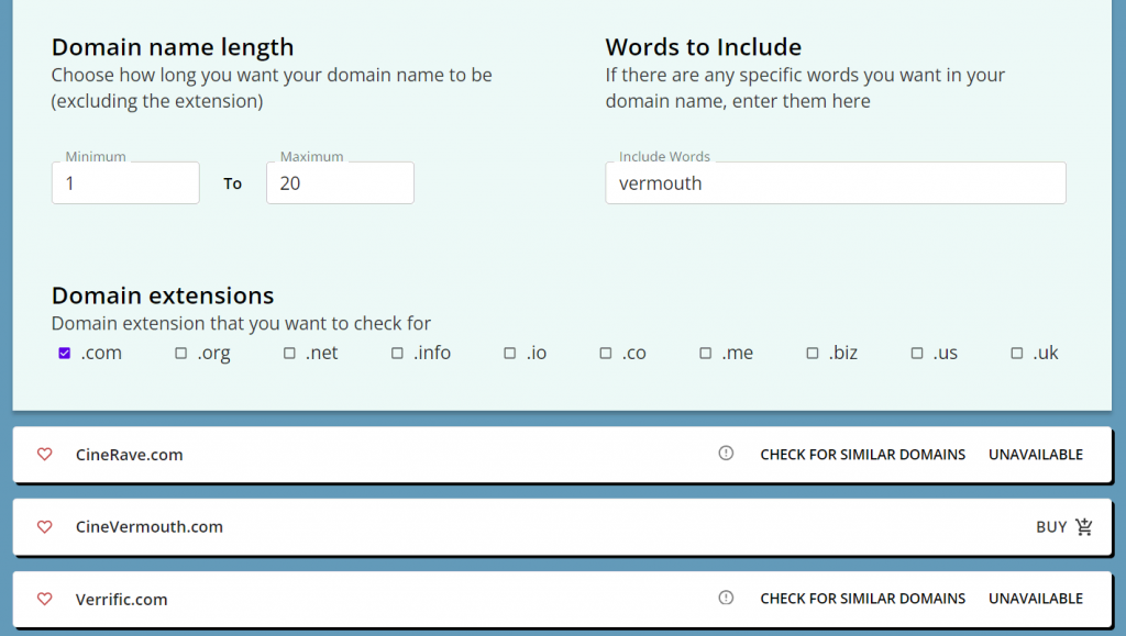 Generating domain name options with AI in Domain.com