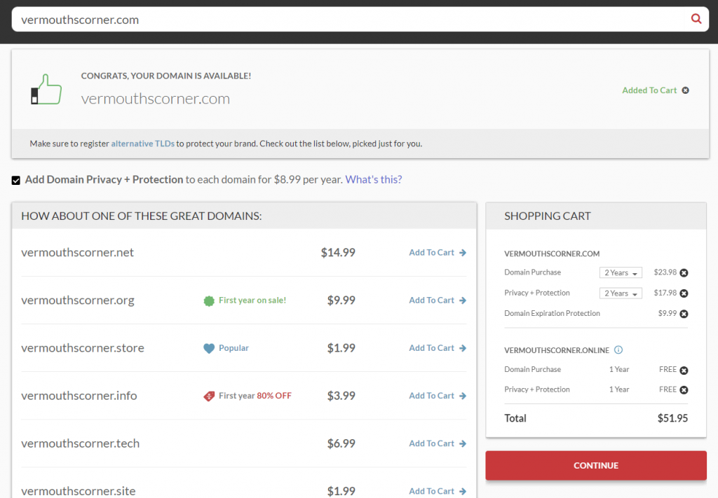 Pricing simulation for Domain.com domain registration